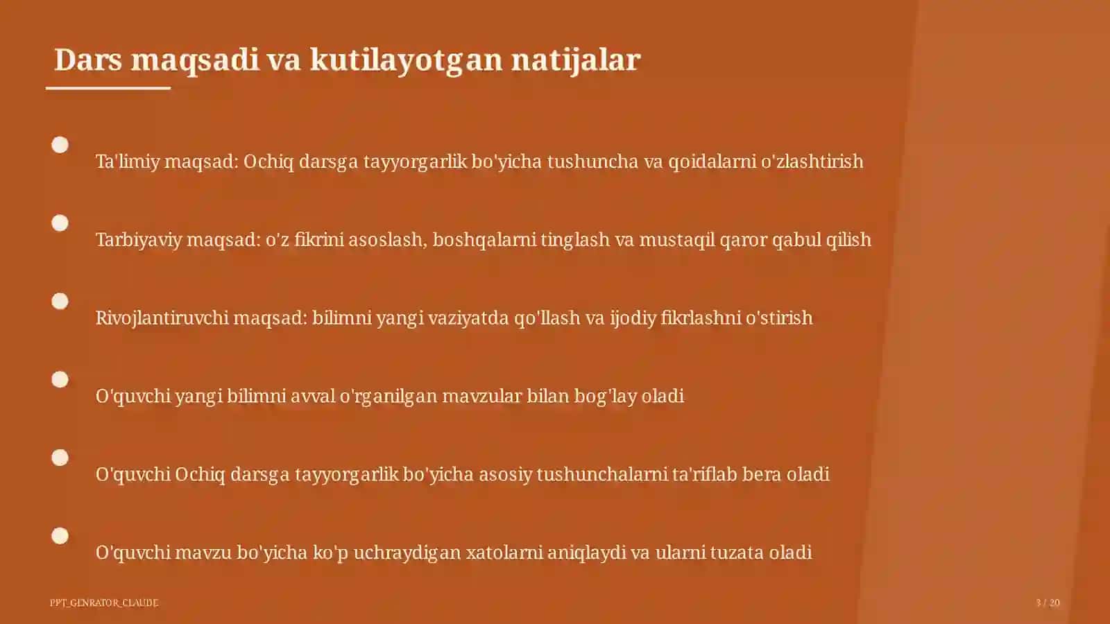 O'qituvchilar uchun: pedagogika va o'qitish metodikasi — ochiq dars uchun 3