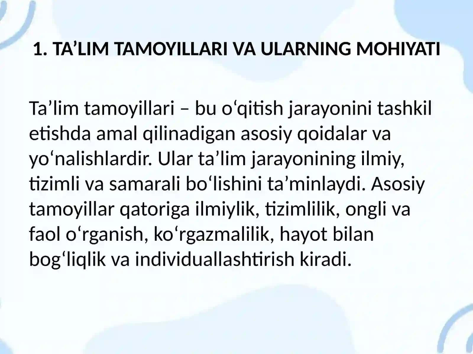 TAMOYILLARNI AMALIY MISOLLARDA QO‘LLASH, ZAMONAVIY YONDASHUVLAR BO‘YICHA DARS ISHLANMASI TAYYORLASH VA TAQDIMOT QILISH 3