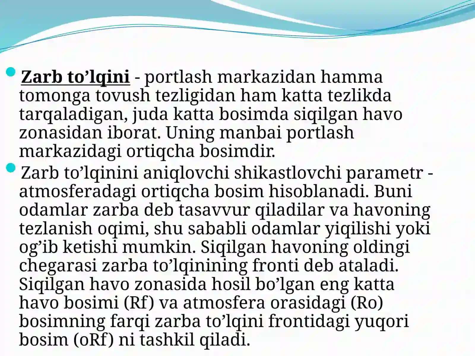 To’lqin zarbi. Jabrlanish zonalari tavsifi. Yorug’lik ajralishi. O’tuvchi nurlari 3