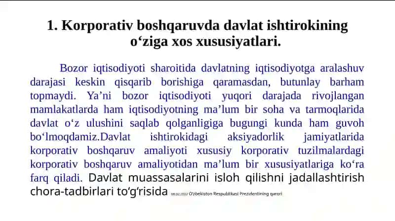 Davlat ulushi mavjud korporativ tuzilmalarda korporativ boshqaruv tizimi 3