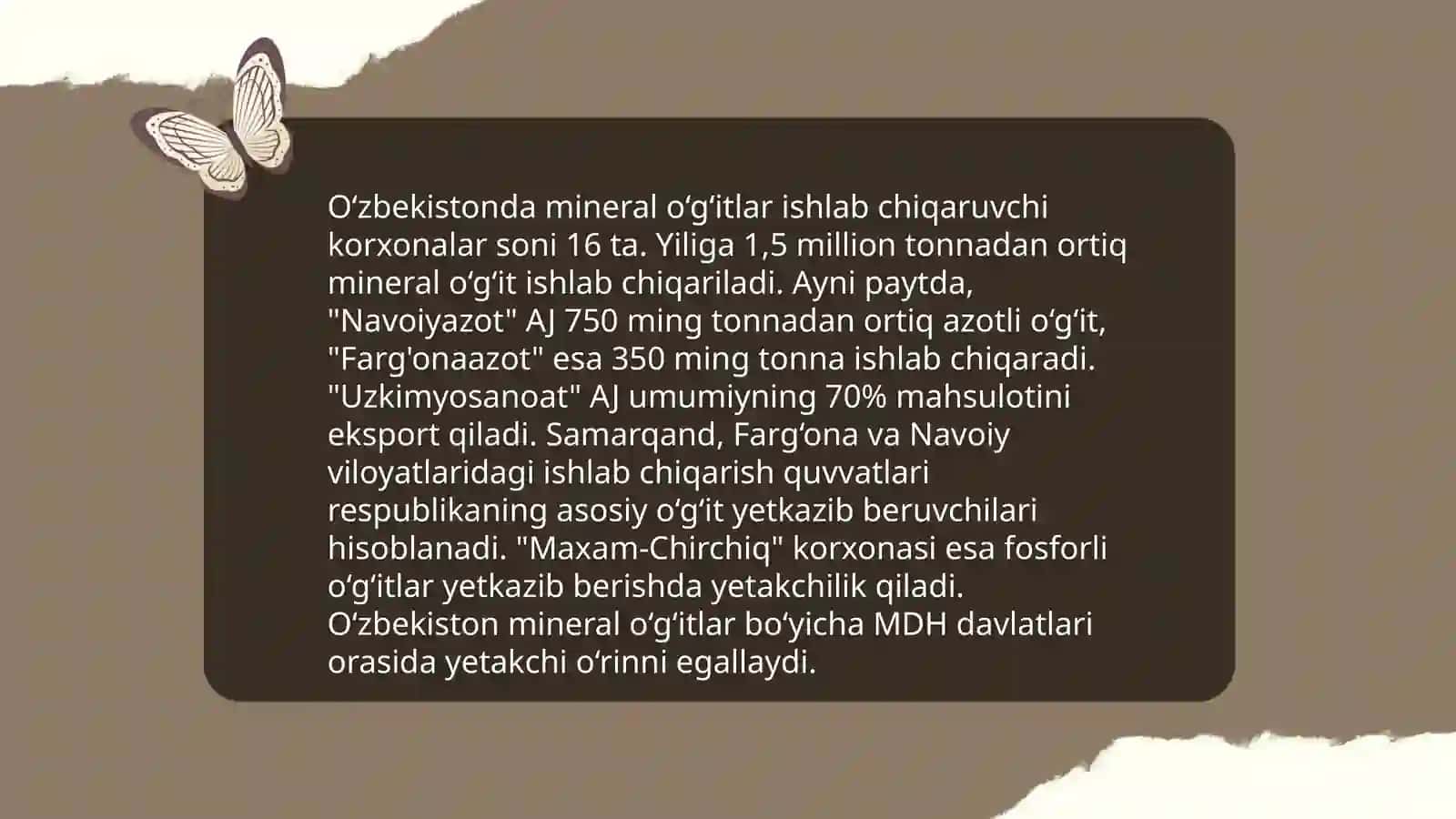 O'zbekistonda mineral o'g'itlar ishlab chiqaruvchi korxonalar 3