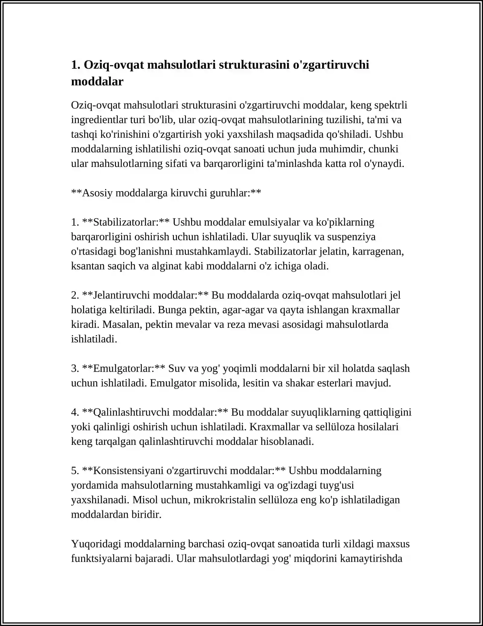 OZIQ OVQAT MAHSULOTLARINI STRUKTURASINI VA FIZIK KIMYOVIY KO'RSATGICHLARNI O'ZGARTIRUVCHI MODDALAR 3
