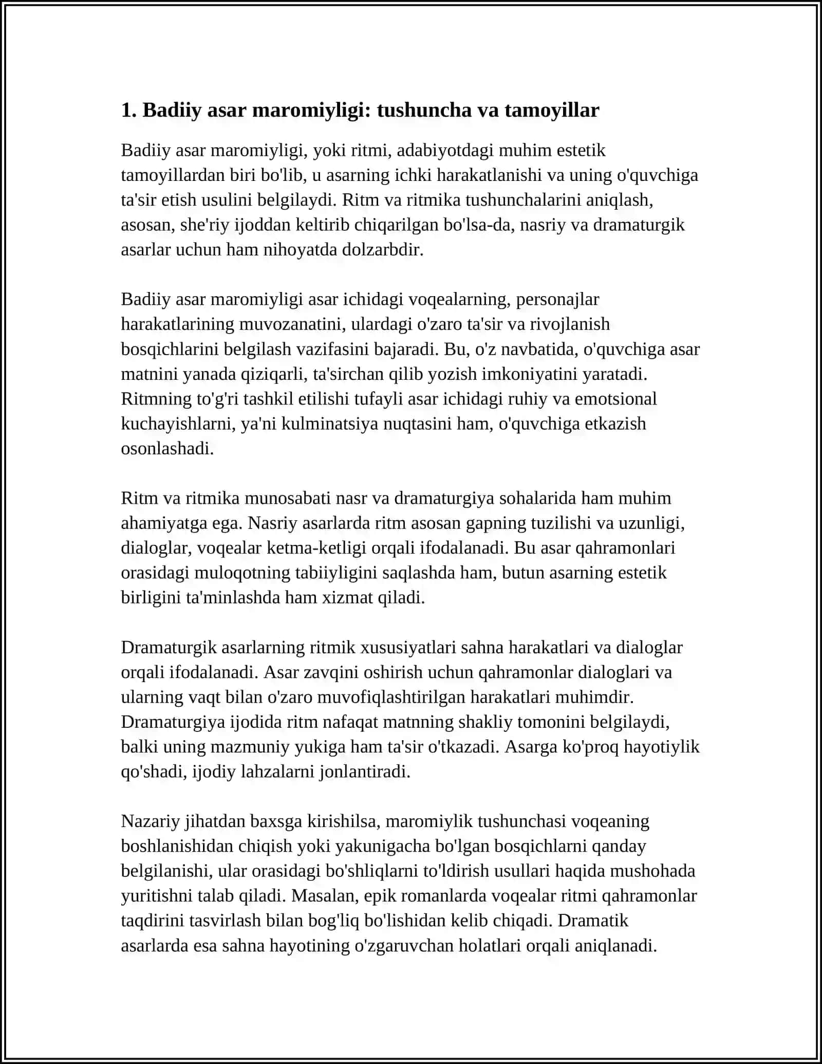 BADIIY ASAR MAROMIYLIGI.RITM VA RITMIKA MUNOSABATI.NASRIY VA DRAMATURGIK ASARLAR RITMIK XUSUSIYATLARI 3