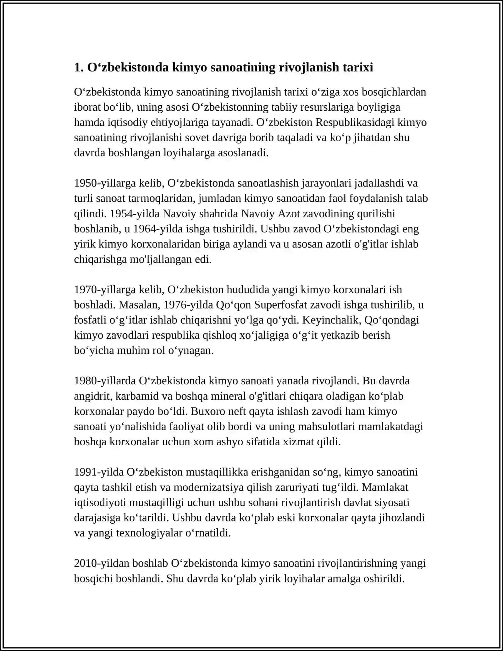 MUSTAQIL ISH Mavzu: OʻZBEKISTONDA KIMYOVIYTOLALARNI TAYYORLASH VA QAYTA ISHLASH 3