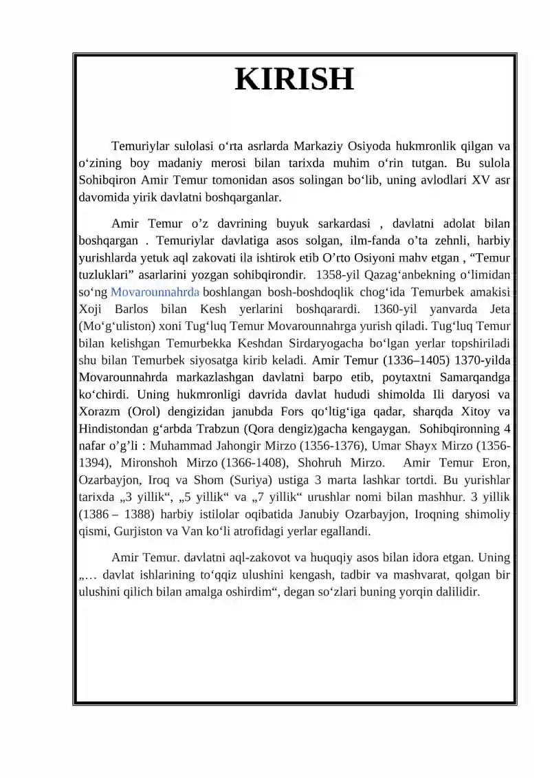 Amir Temur va Temuriylar davlati referat 3