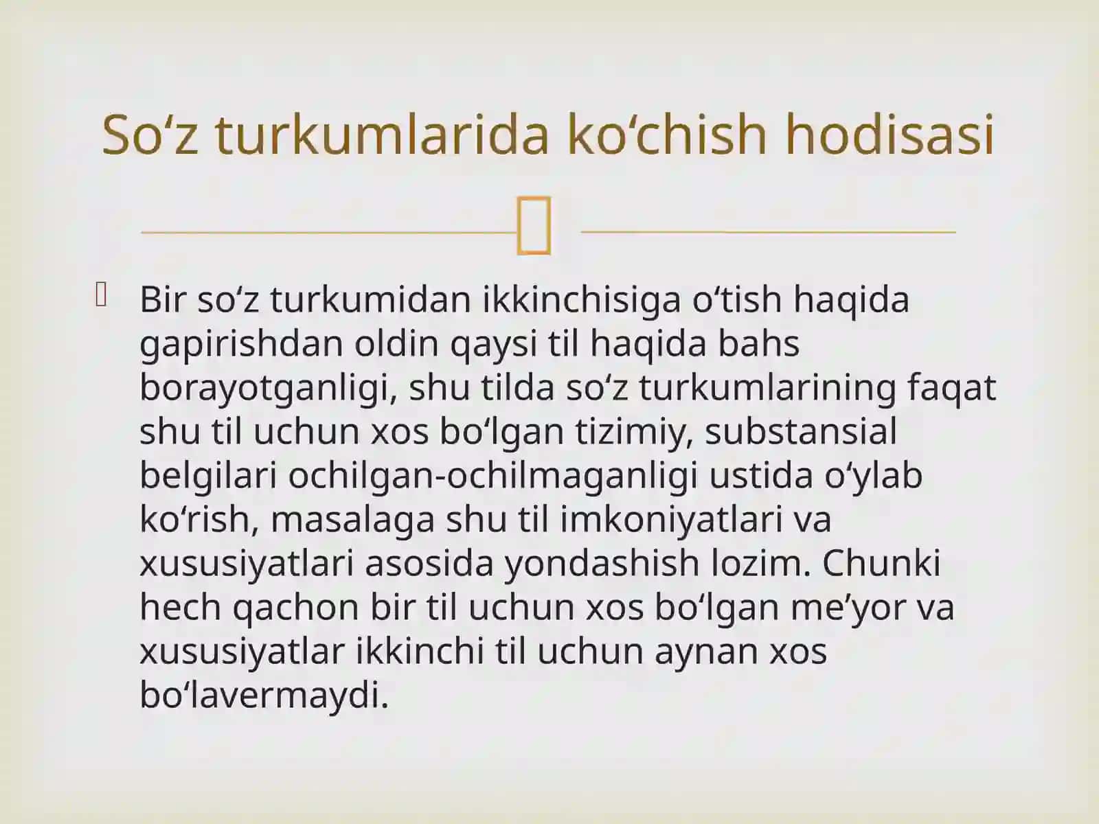 So‘z turkumlarida so‘z yasalishi. Morfemika. So‘zning morfem tarkibiga doir nazariy qarashlar tahlili. So‘z turkumlarida ko‘chish hodisasiga doir qarashlar. 3