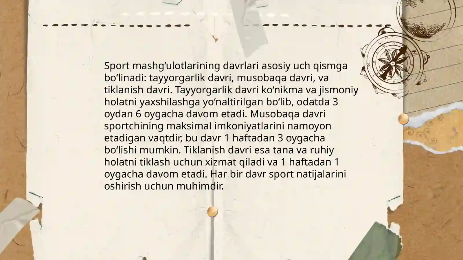 Sportchilar tayyorgarligining tuzilish asoslari, sport mashg‘ulotlarining davrlari.. Sport mashg‘ulotlari ko‘p yillik jarayon sifatida (sport formasi). Boshlang‘ich ta’limda pedagogning kompetensiyasi 3