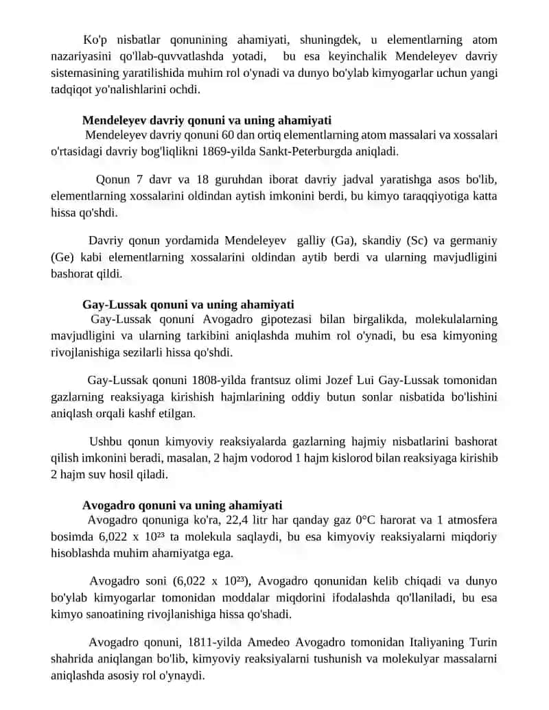 Anorganik kimyo fanining asosiy qonunlari hamda ularning ahamiyati haqida ma'lumotlar yozish 3