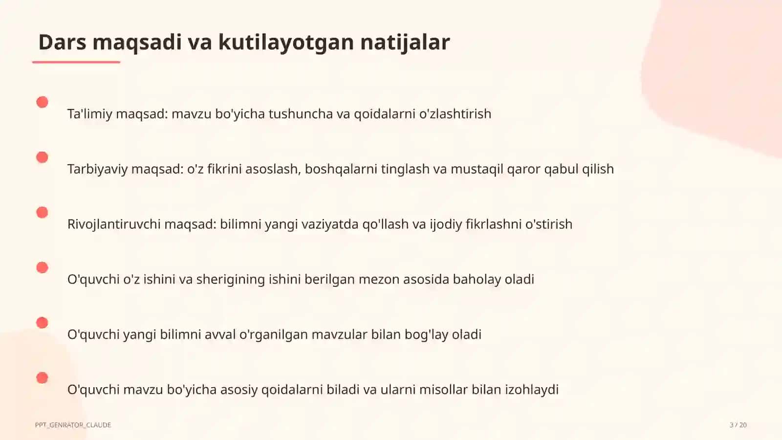 Dars tahlili: kuzatuv va baholash mezonlari 3