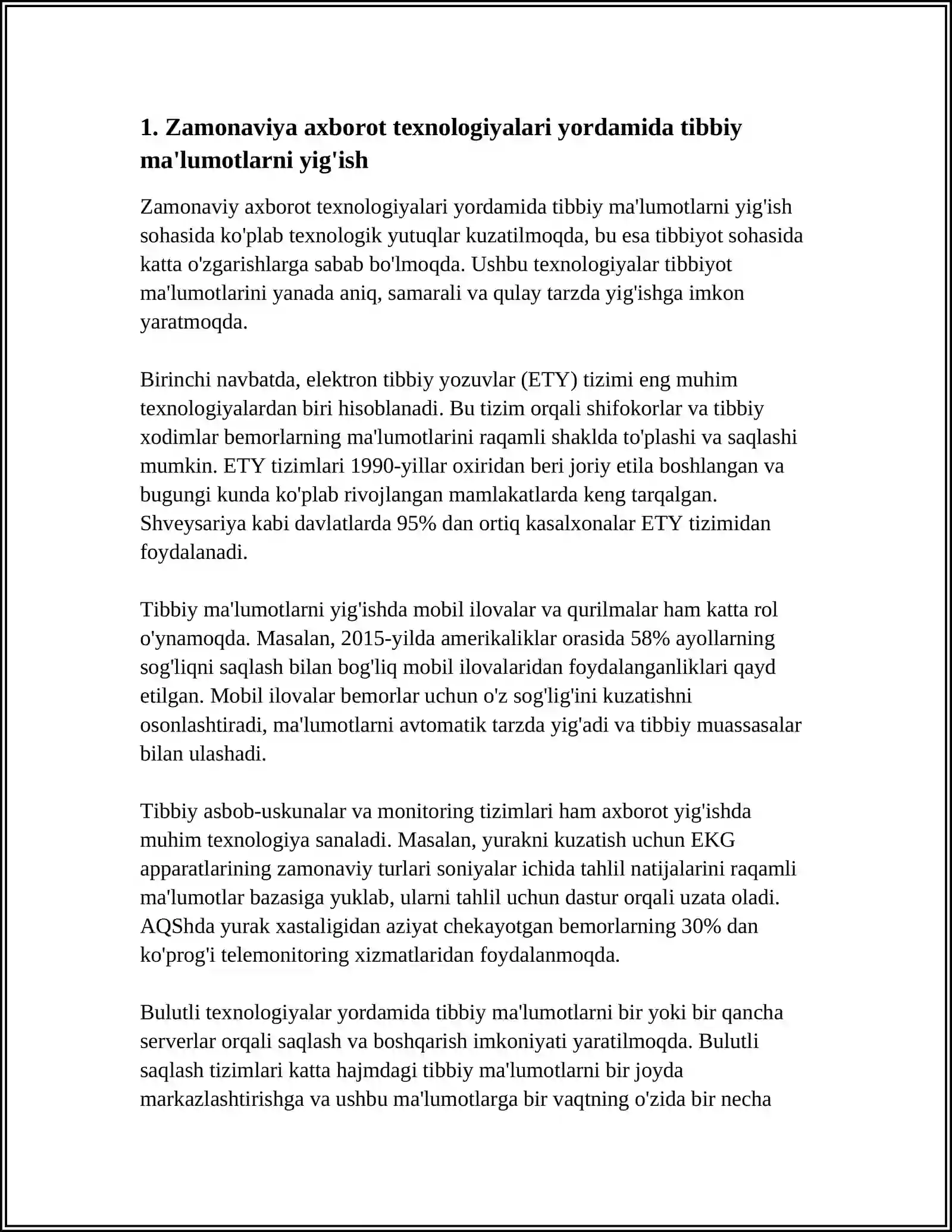 ZAMONAVIY AXBOROT TEXNOLOGIYALARINING BUGUNGI KUNDA FOYDALANISH DARAJASI ULARNI TIBBIYOTNING TURLI SOXALARIDA MAʼLUMOT TOʻPLASHDA DIAGNOSTIKA VA DAVOLASHDA TUTGAN OʻRNI 3