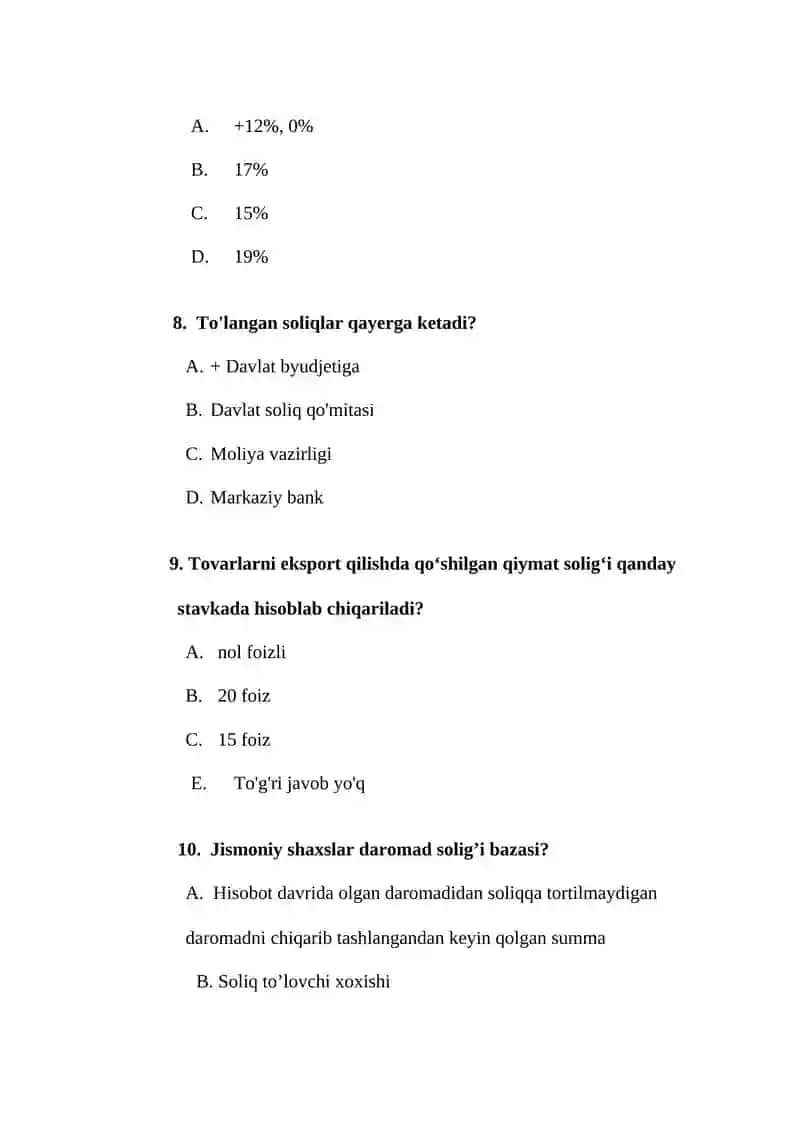Soliqlar va soliqqa tortish Fanidan Testlar 3