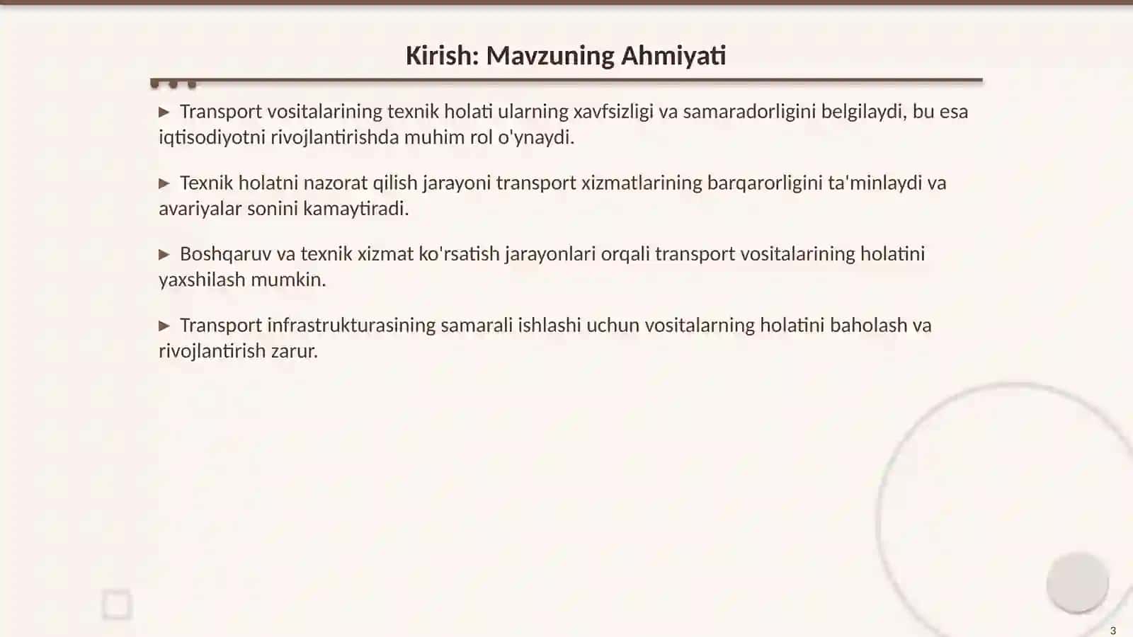 Transport Vositalarini Texnik Holatini Ko'zdan Kechirish 3