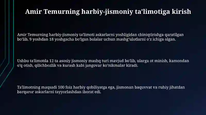 Amir Temurning harbiy-jismoniy ta'limoti 3