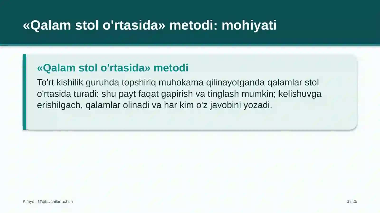 kimyo darslarida qalam stol o'rtasida metodidan foydalanish 7174 3