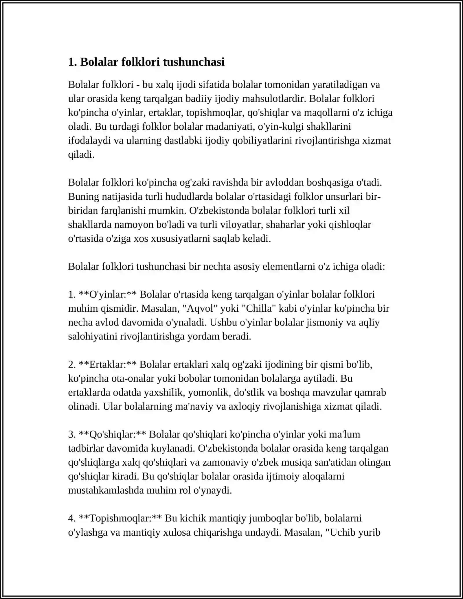 BOLALAR FALKLORI HAQIDA TUSHUNCHA. BOLALAR FALKLORI TABIATI VA JANR TARKIBI 3