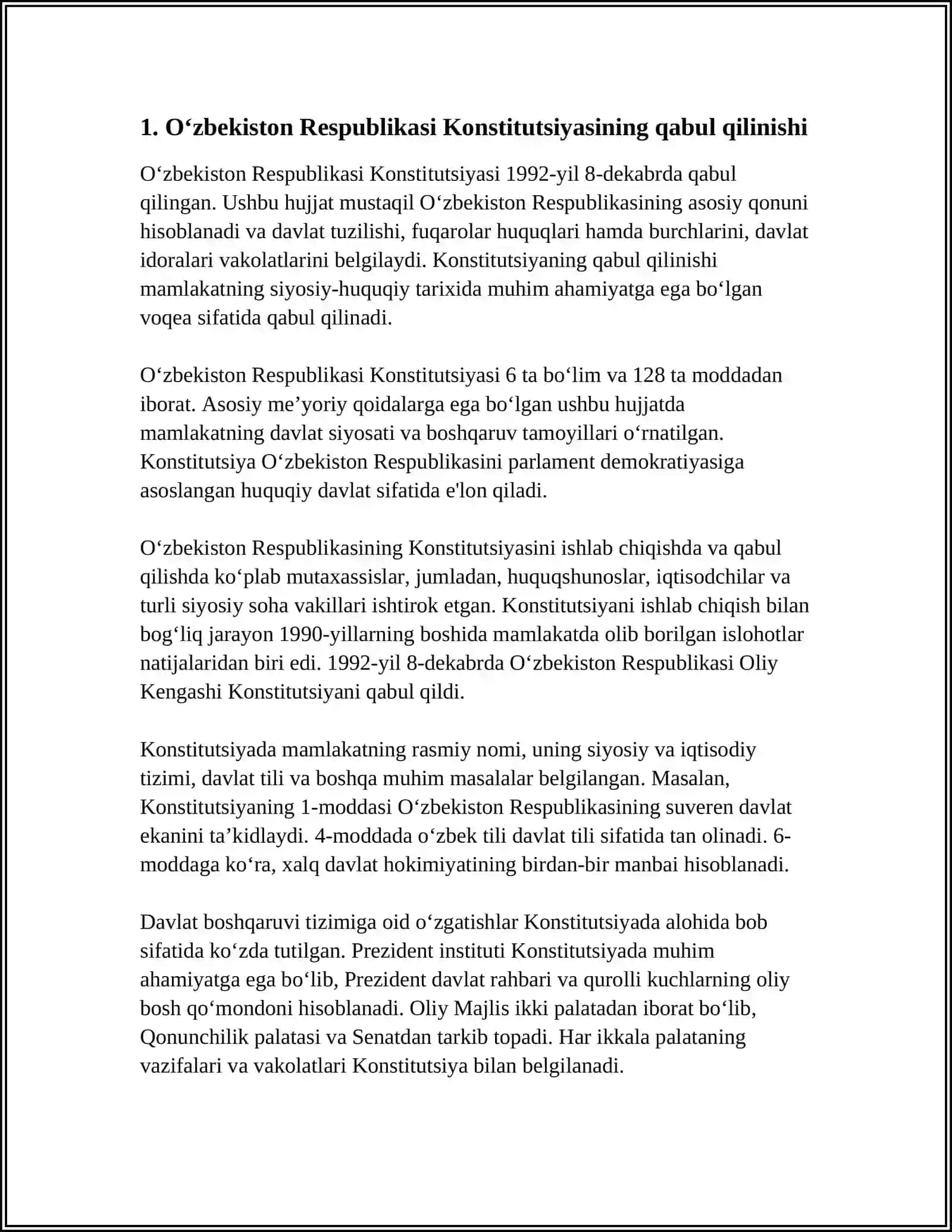 MUSTAQIL ISH Mavzu: OʻZBEKISTON KANISTITUTSIYASI VA YARTILISH TARIXI 3
