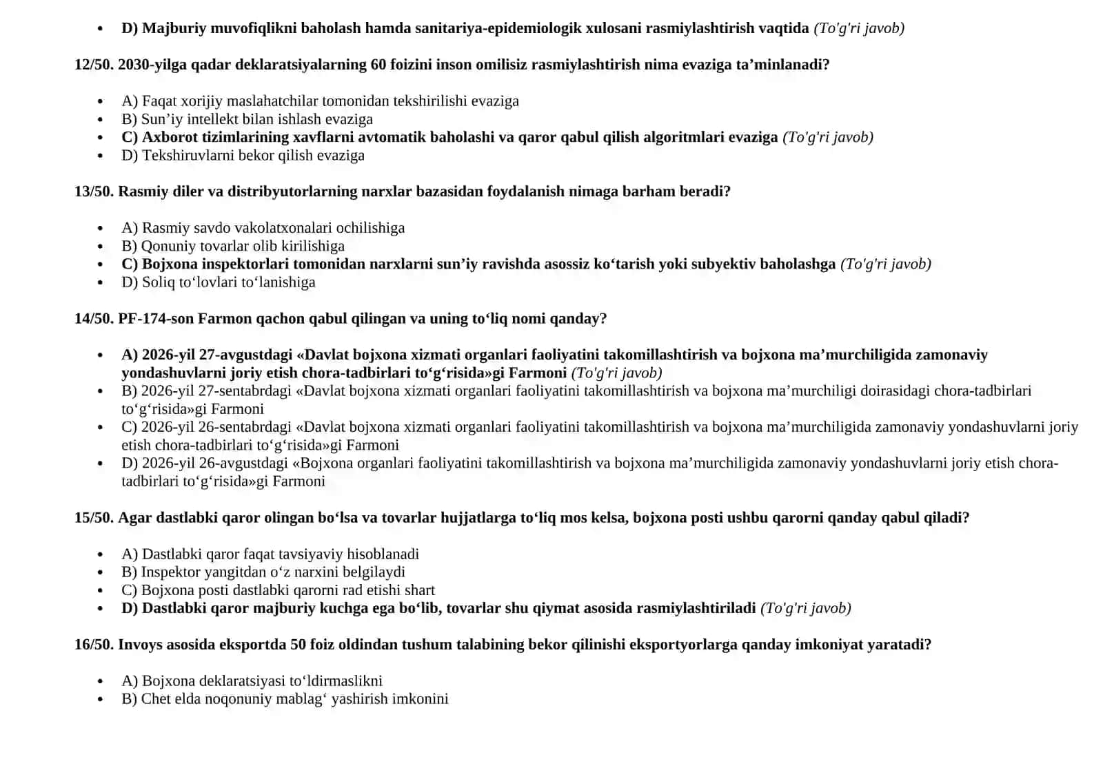 Bojxona testlari javoblari bilan (1–50) 3