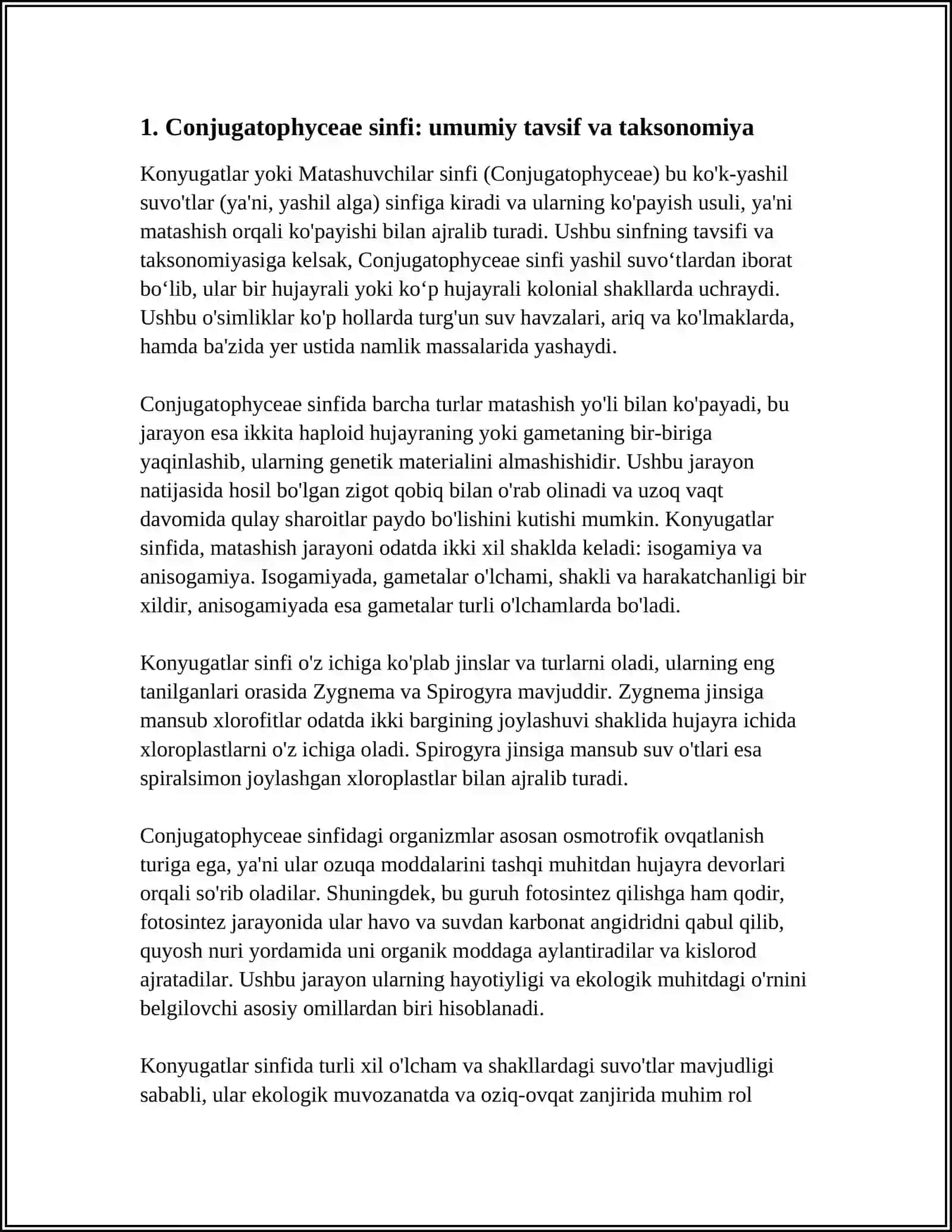 KONYUGATLAR YOKI MATASHUVCHILAR CONJUGATOPHYCEAE SINFI.MATASHISH YOʻLI BILAN KOʻPAYISH XUSUSIYATLARI VA USULLARI 3