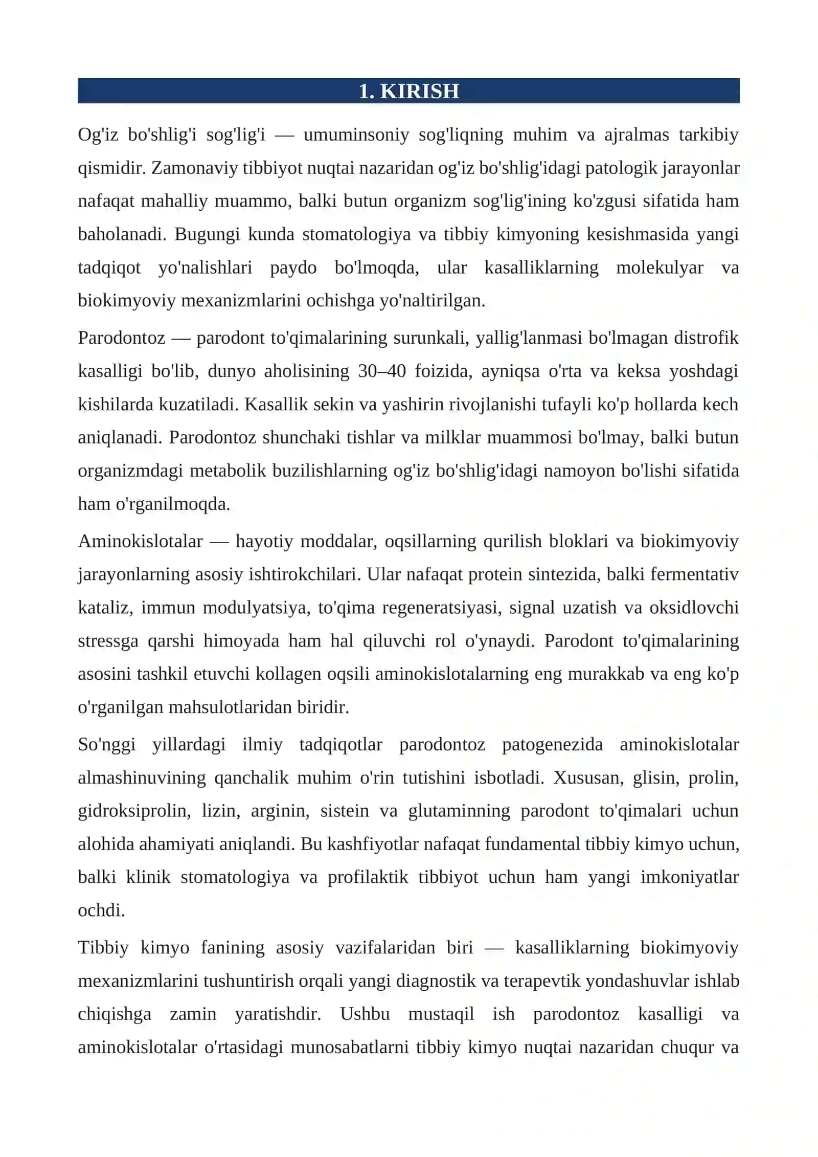 PARODONTOZ KASALLIGINI KELIB CHIQISHIDA VA RIVOJLANISHIDA AMINOKISLOTALARNING O'RNI MUSTAQIL ISH 3