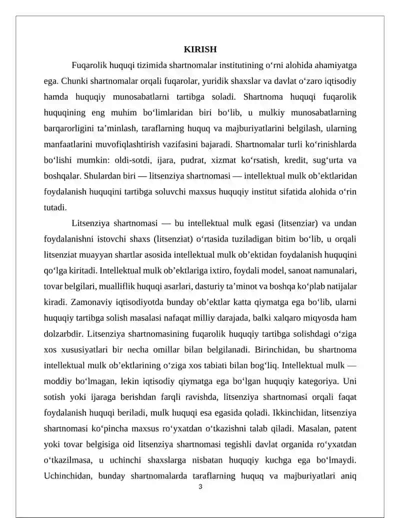 Litsenziya shartnomasining fuqarolik huquqiy tartibga solishning o'ziga hos xususyatlari 3