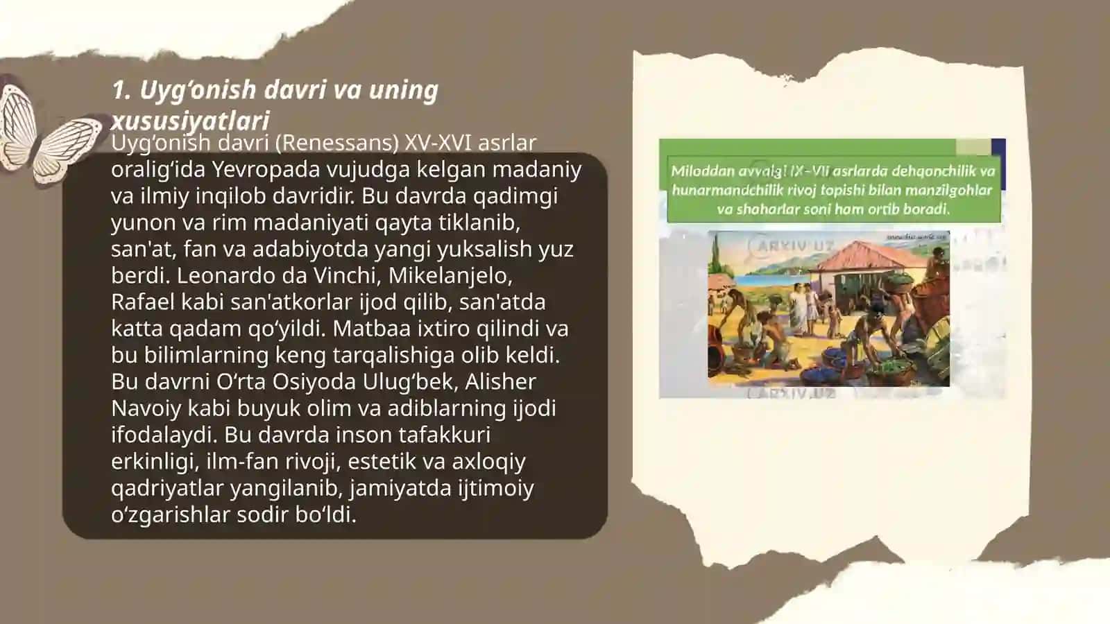 IX-XII asrlarda mamlakatimiz hududida ro‘y bergan madaniy uyg‘onish (Renessans). Buyuk allomalarning jahon sivilizatsiyasiga qo‘shgan hissasi 3