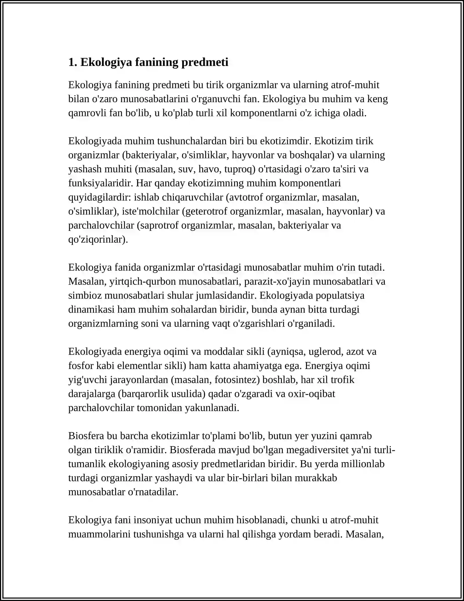 EKOLOGIYA FANI VA UNI BO'LIMLARI. EKOLOGIYA VAZIFALARI 3