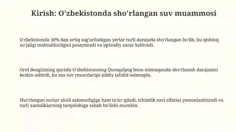 O'zbekistonda sho'rlangan suv: Muammolar, imkoniyatlar va zarurat 3