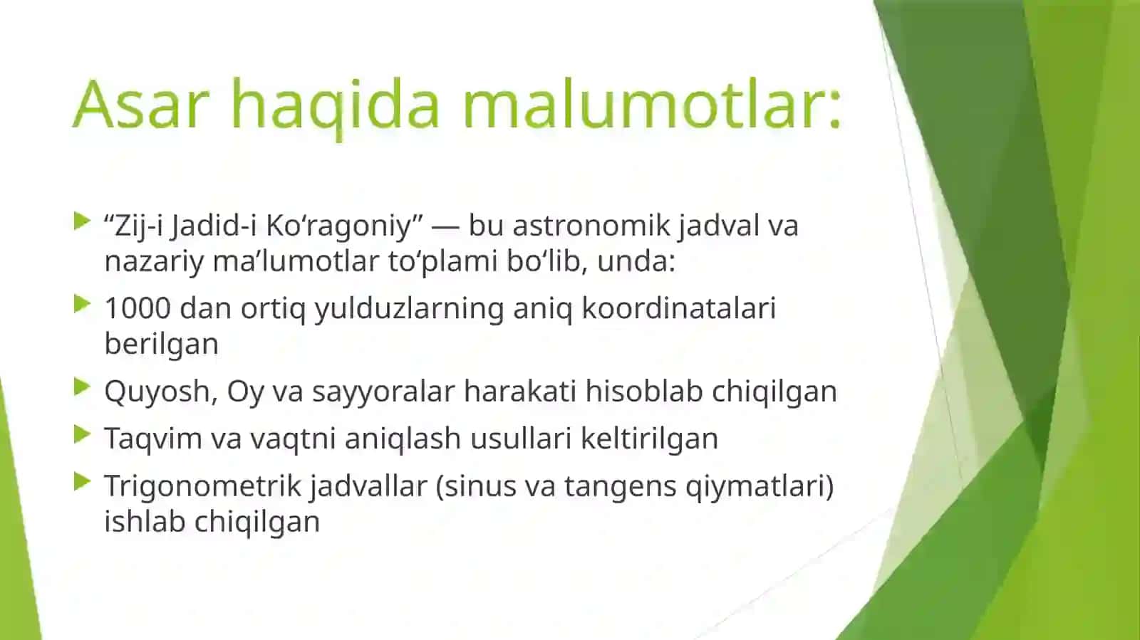 Mirzo Ulug‘bek tomonidan yaratilgan “Zij-i Jadid-i Ko‘ragoniy” (yoki “Ulug‘bek ziji”) 3
