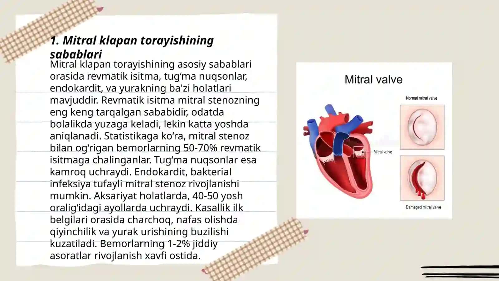 Yurak nuqsonlari:Mitral klapan torayishi,Aorta klapani yetishmovchiligi etiologiyasi,potogenezi,klinikasi 3
