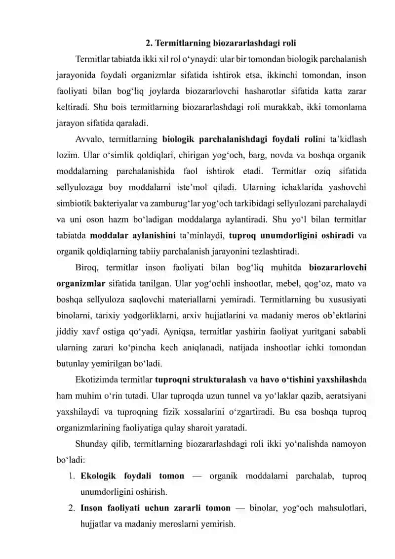 Termitlar oilasi vakillarining tarqalishi zarari. Termitlarning biozararlashdagi roli va ularga qarshi kurashish 3