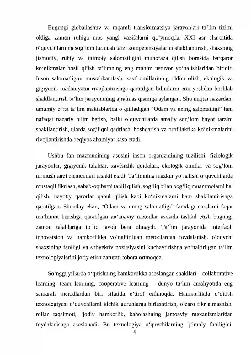 "ODAM VA UNING SALOMATLIGI" FANINI O‘QITISHDA HAMKORLIK TEXNOLOGIYASIDAN FOYDALANIB LOYIHALASHTIRISH 3