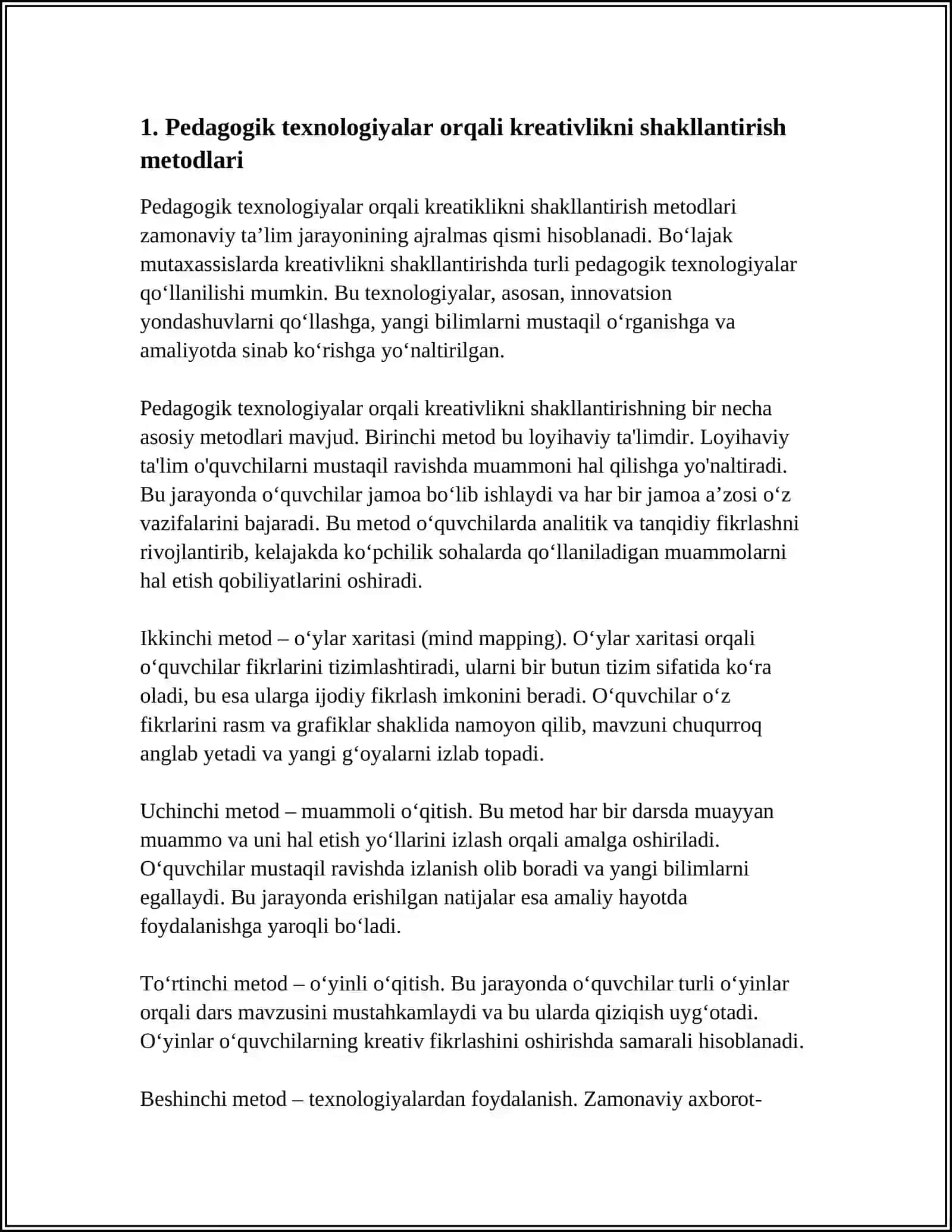 BO‘LAJAK MUTAXASSISLARDA KREATIVLIKNI SHAKLLANTIRISH YO'NALISHLARI 3