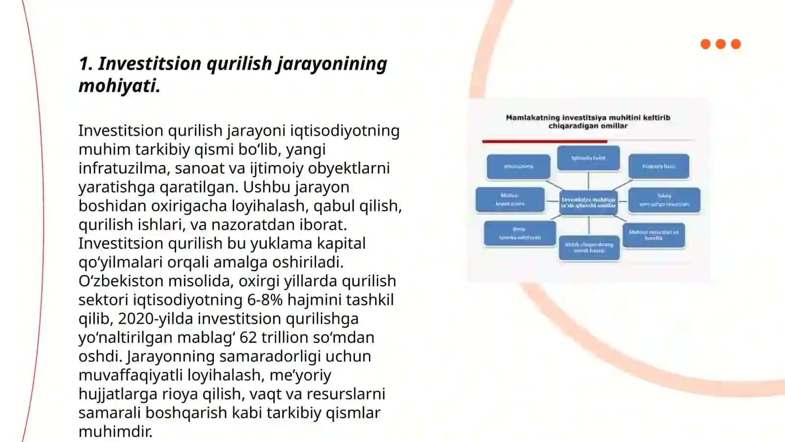 Investitsion qurilish jarayoni faoliyati va uning mamlakat iqtisodiyotini rivojlantirishdagi roli 3
