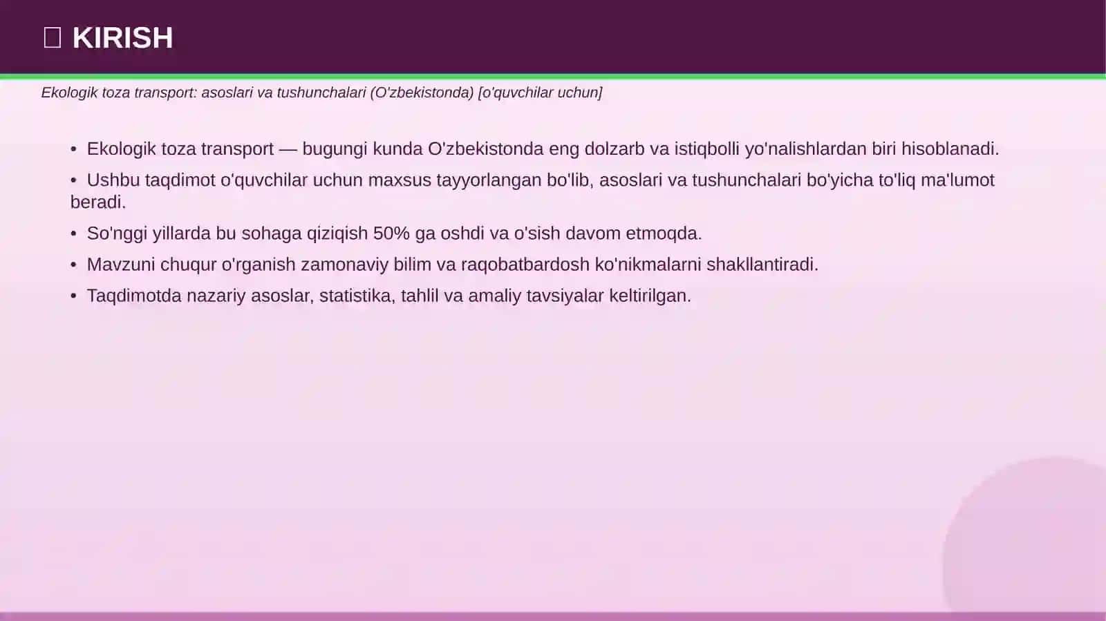 Ekologik toza transport: asoslari va tushunchalari (O'zbekistonda) 3