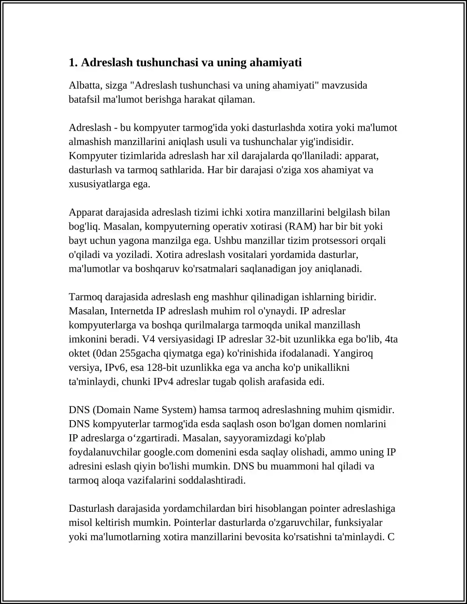 ADRESLASH VA UNING TURLARI. SHIFRATOR VA DESHIFRATORLAR 3