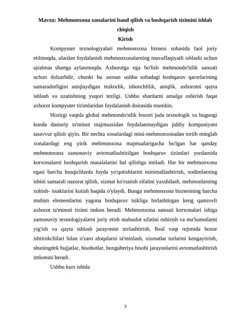 Mehmonxona xonalarini band qilish va boshqarish tizimini ishlab chiqish 3