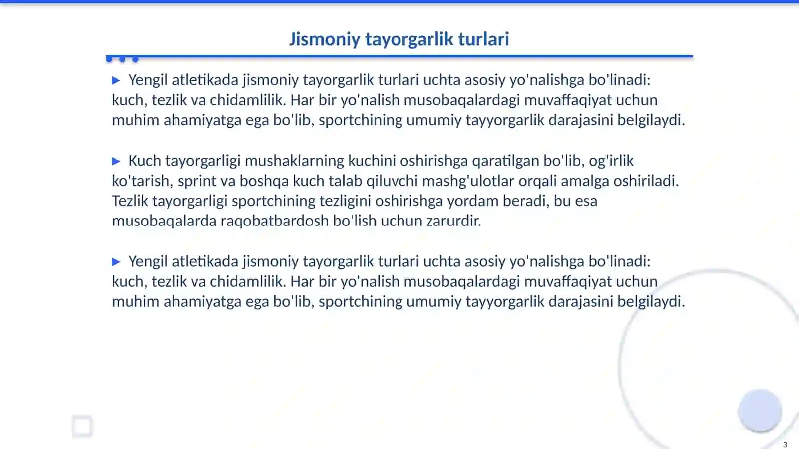 Yengil atletikada ( jismoniy ruhiy ) tayorgarlik turlarining oʻrni 3