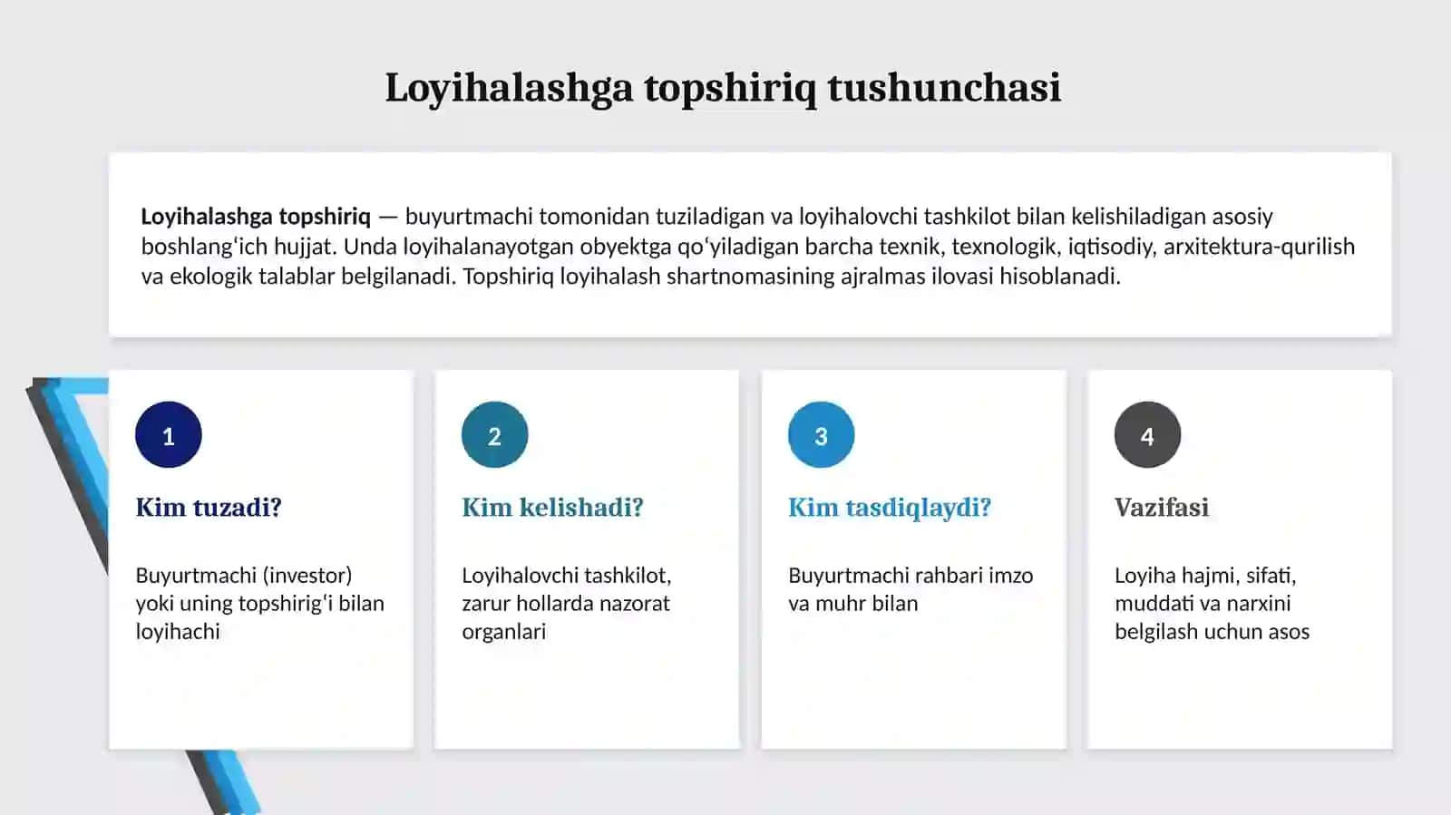 Loyihalashga topshiriq tuzish, uning mazmuni 3
