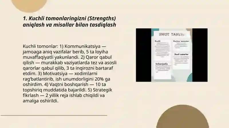 O‘zingizning rahbarlik qobiliyatingizni baholab, SWOT tahlil qilish 3