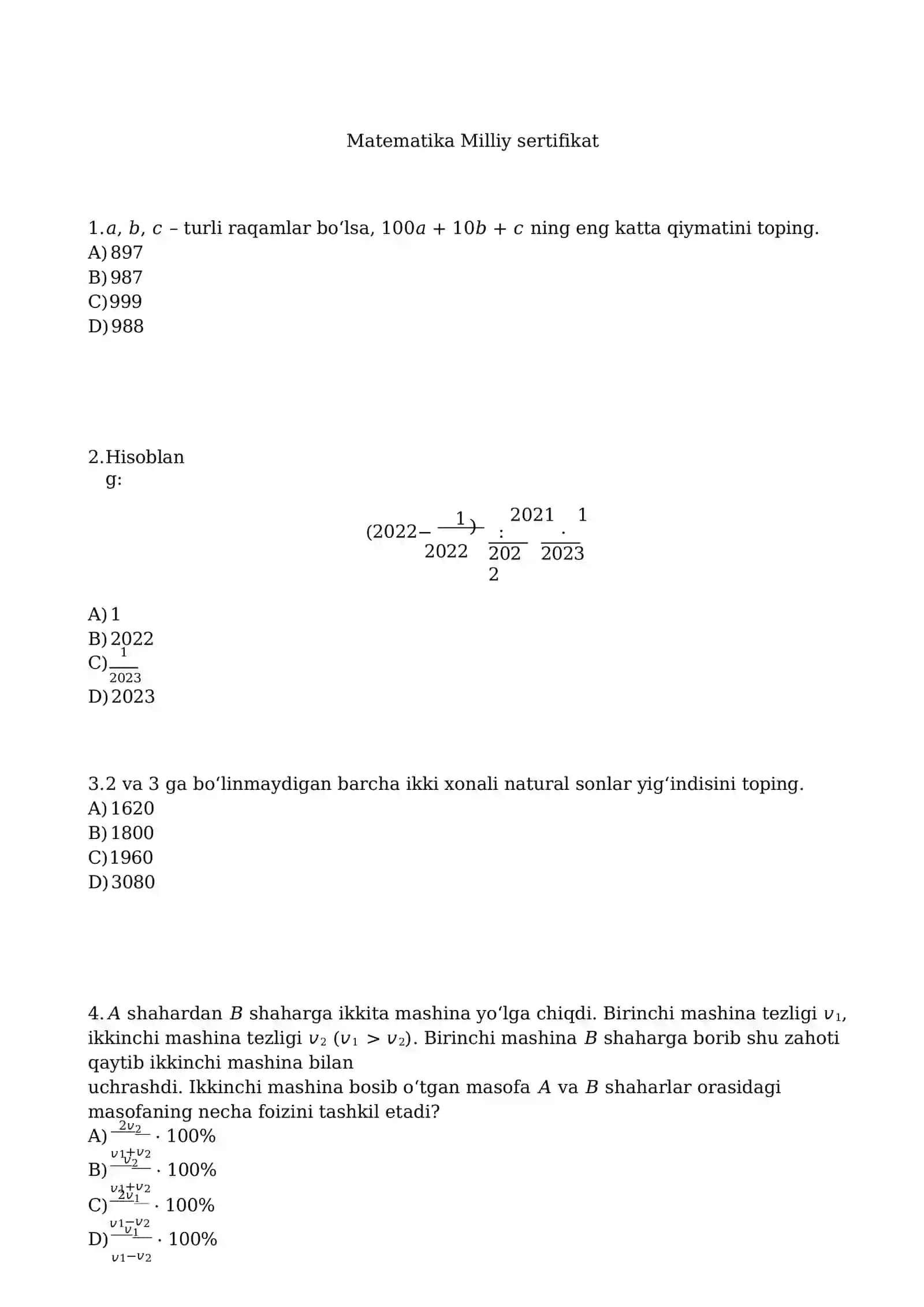 Matematika milliy sertifikat YANGI NASHR savollari javoblari bilan 3