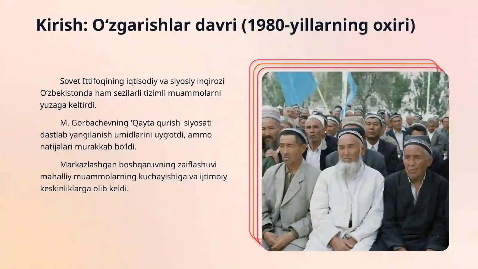 Mustaqil lo'zbekiston Respublikasini tashkil topishining tarixiy ahamiyati.O'zbekistonning o'ziga hos istiqlol va taraqqiyot yo'li 3
