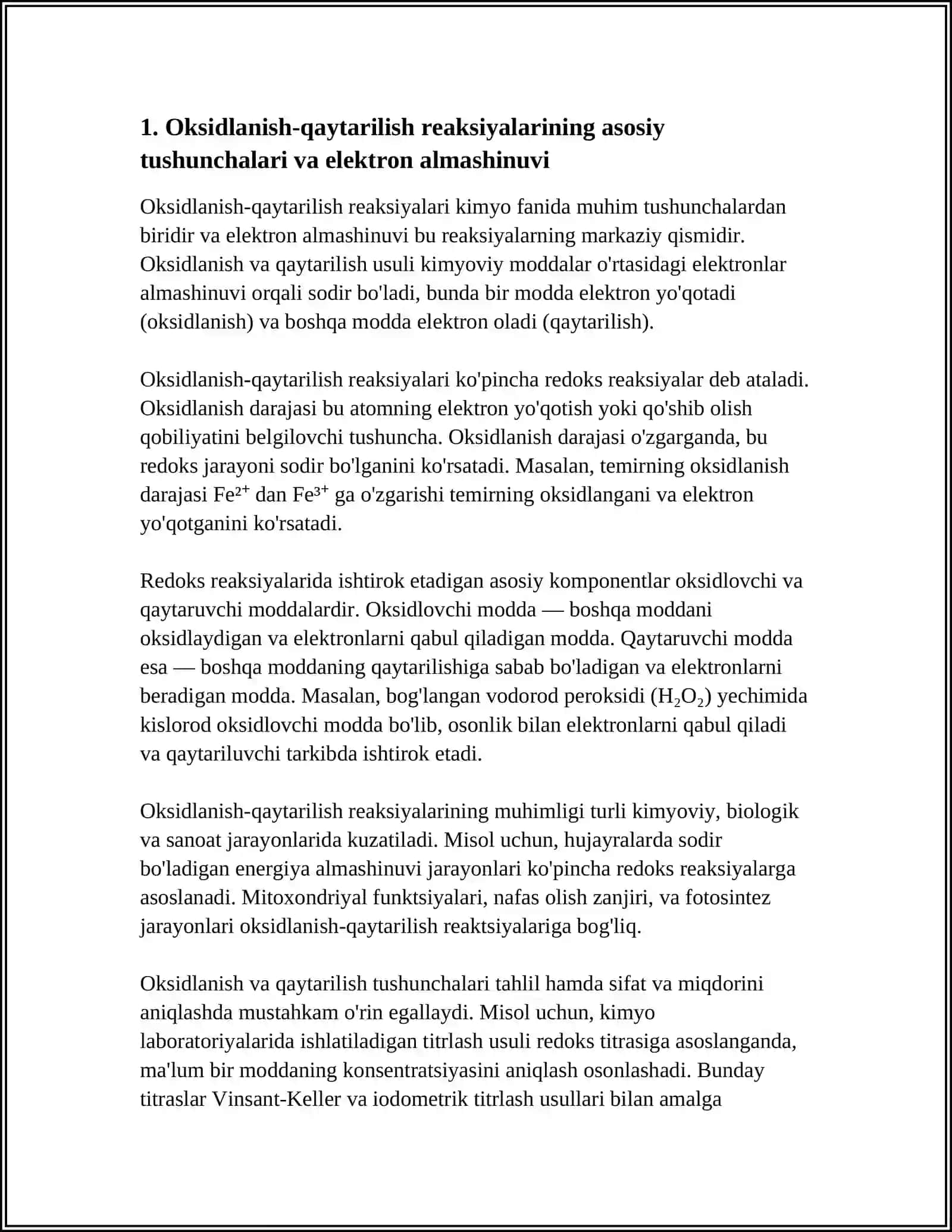 OKSIDLANISH VA QAYTARILISH USULI. OKSIDLANISH-QAYTARILISH REAKSIYALARINING ANALIZDA AHAMYATI 3