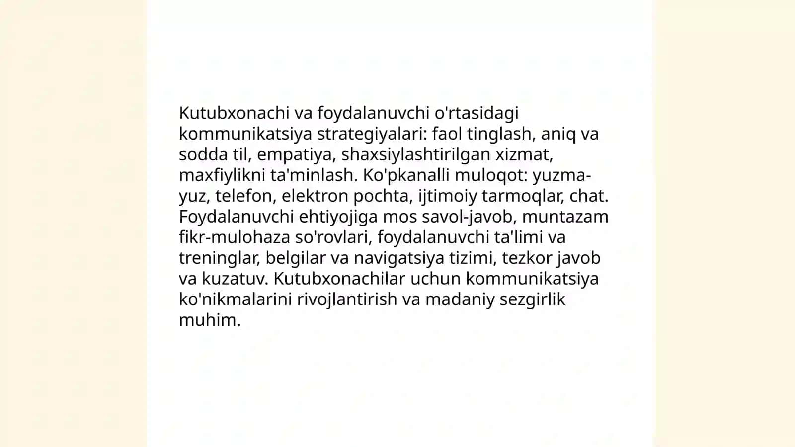 Kutubxonachi va foydalanuvchi o'rtasidagi kommunikatsiya strategiyalari 3