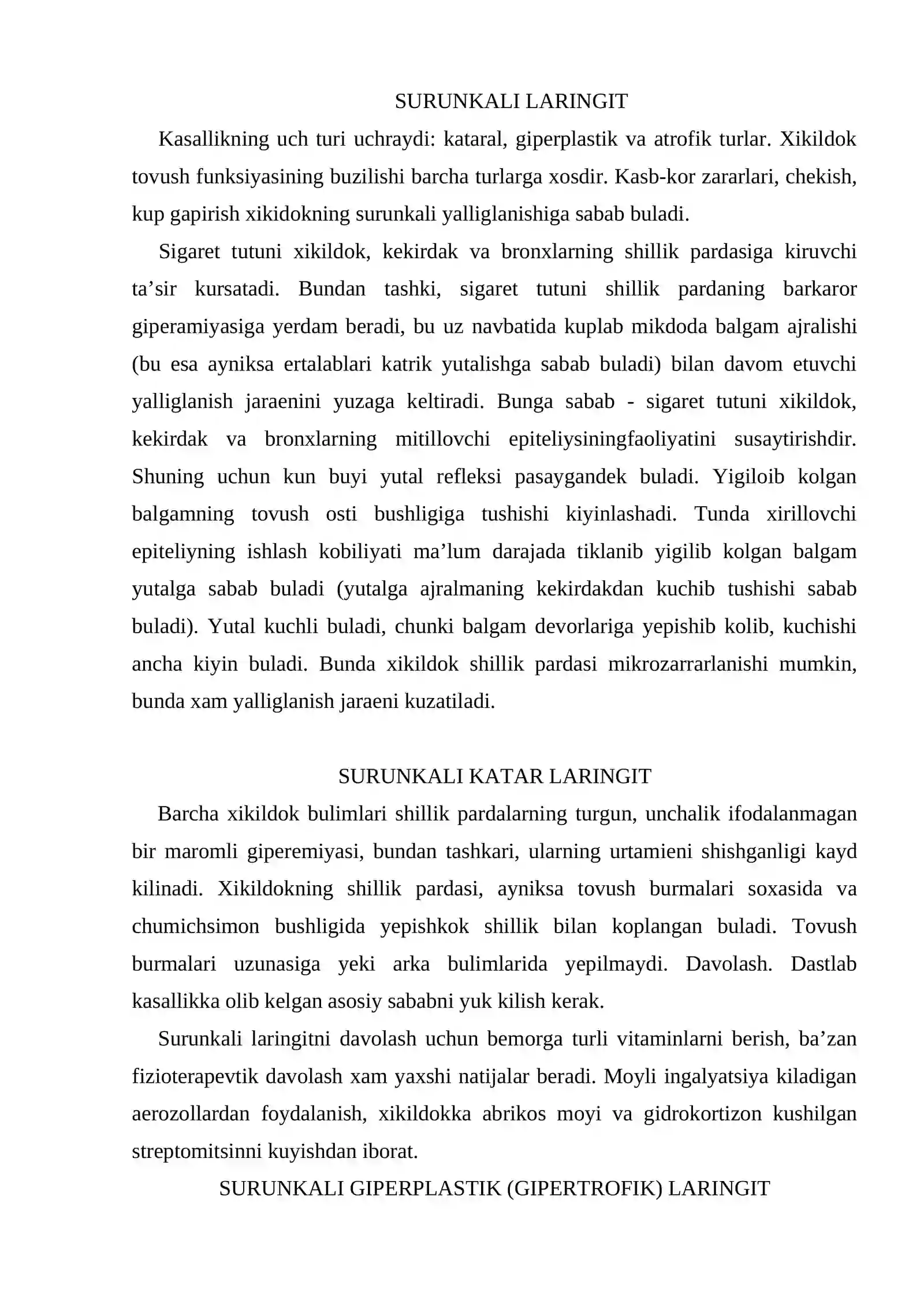 Xiqildoqning o‘tkir va surunkali yallig‘lanish kasalliklari. Xiqildoq, traxeya va bronxlar yot jismlari. Xiqildoqning xavfli o‘smalari 3