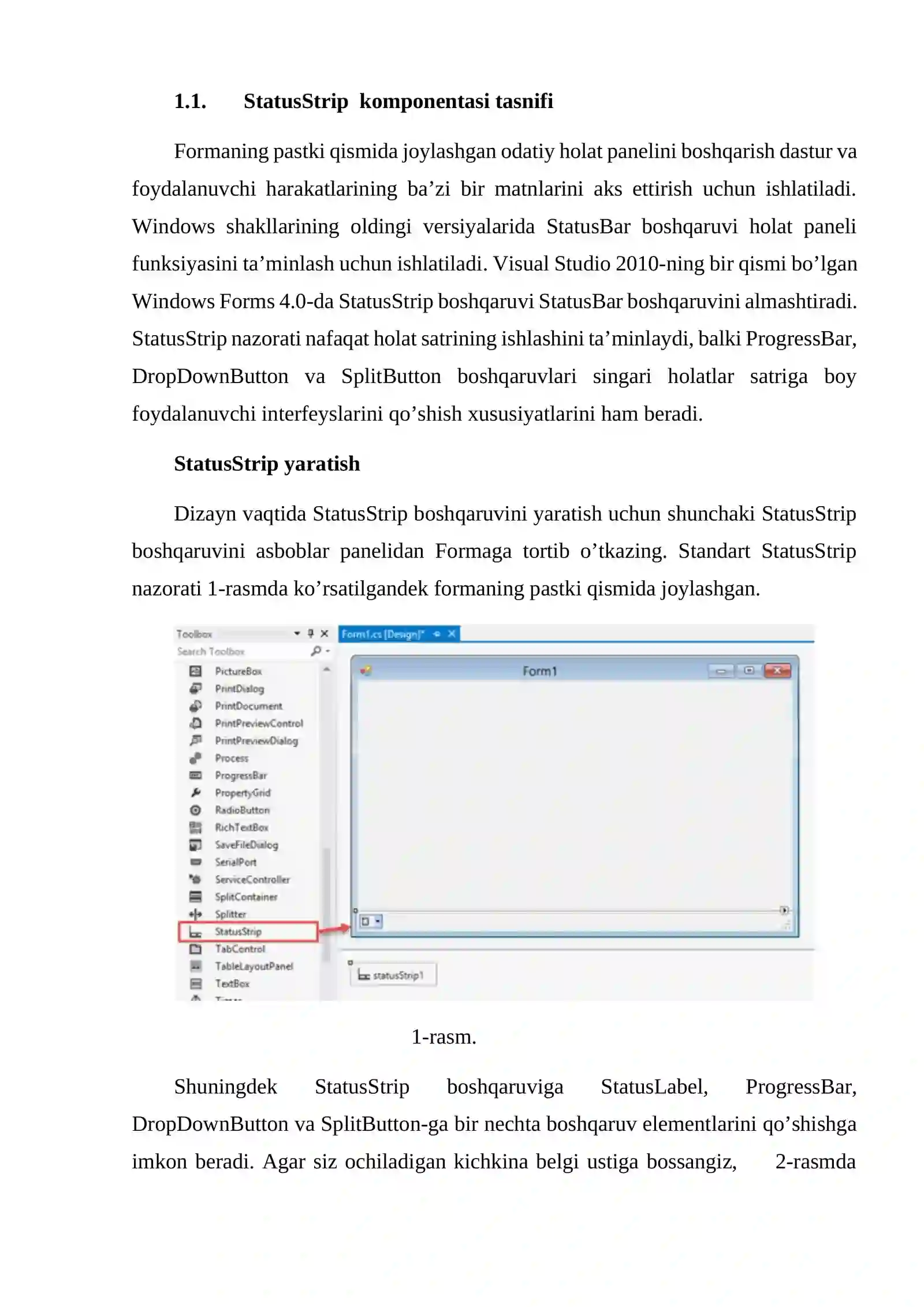 Visual Studio muhitida StatusStrip komponentasi va uning imkoniyatlari 3