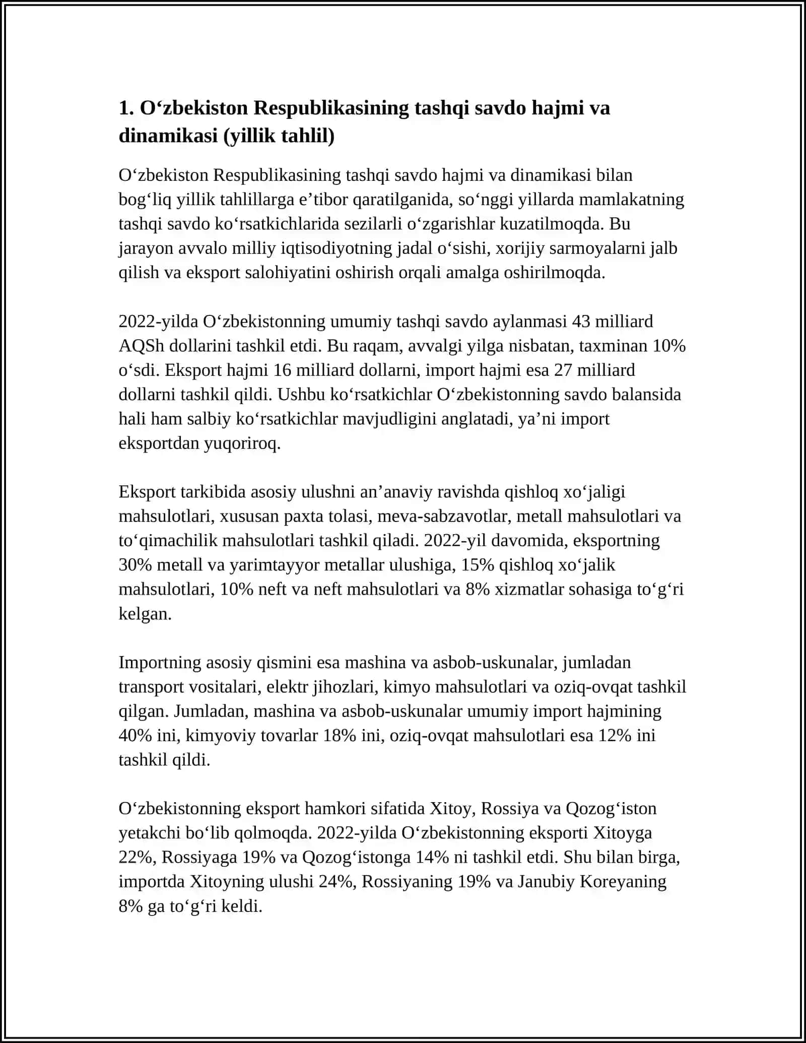 OʼZBEKISTON RESPUBLIKASINING TASHQI SAVDO KOʼRSATKICHLARI TAHLILI 3