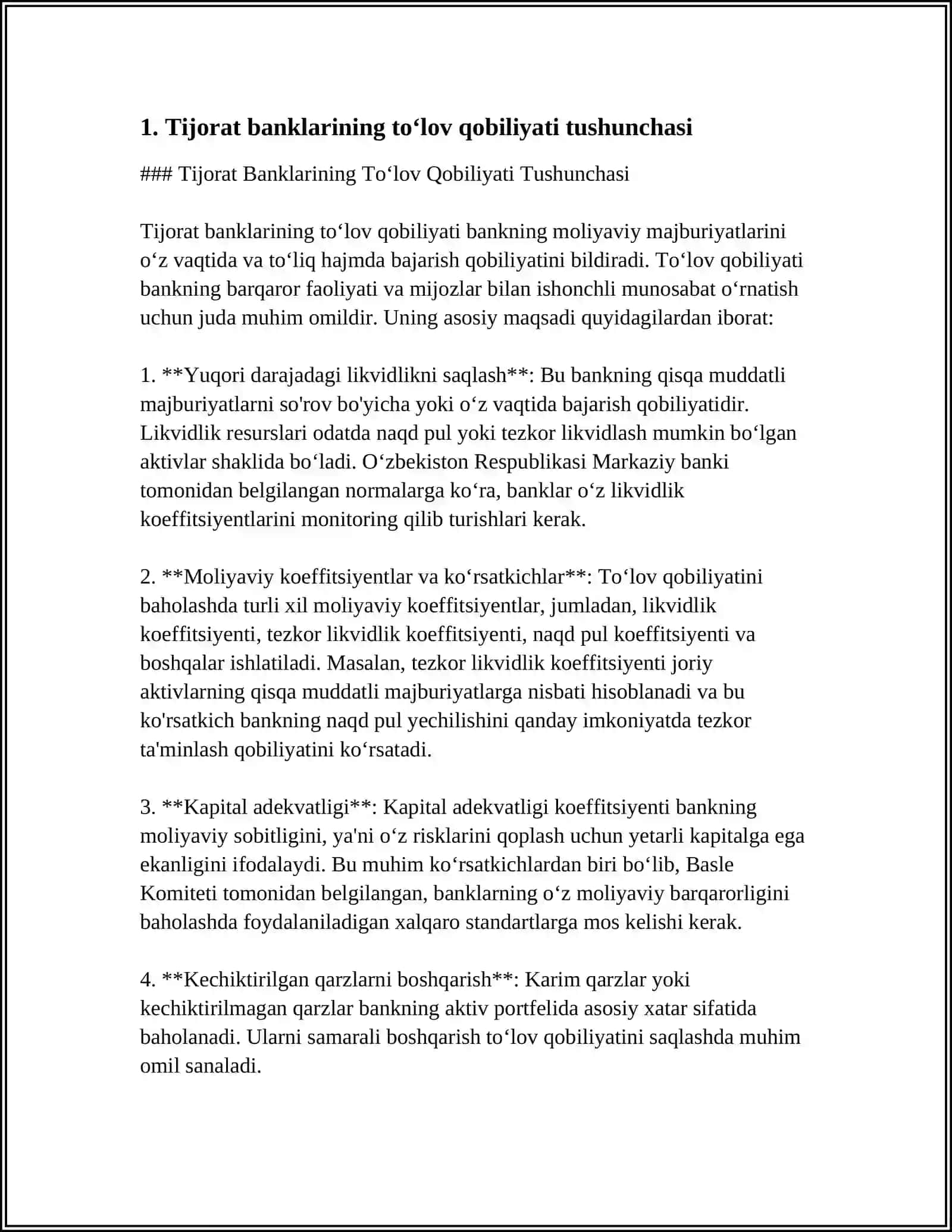 TIJORAT BANKLARINING TOʻLOV QOBILIYATI VA UNI MUSTAHKAMLASH 3