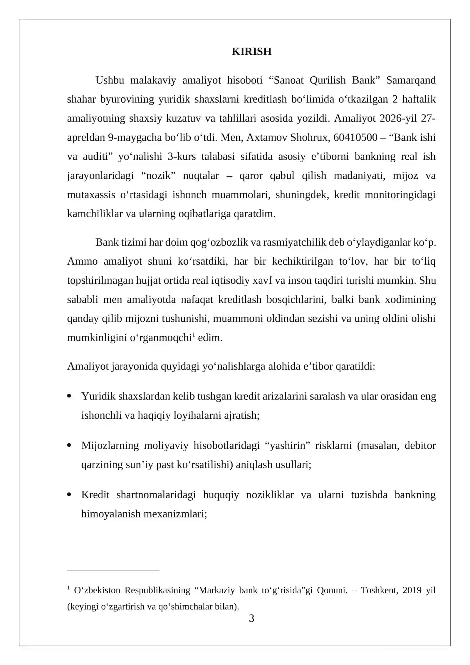 "Sanoat qurilish banki" MALAKAVIY AMALIYOT HISOBOTI 3