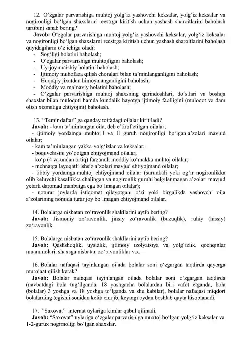 O‘zbekiston Respublikasi Prezidenti xuzuridagi  ijtimoiy ximoya milliy agentligi  boshqarmasida (vakant) bo‘lgan lavozimga xujjat topshirgan Nomzodlarga beriladigan suhbat SAVOL JAVOBI BILAN 3