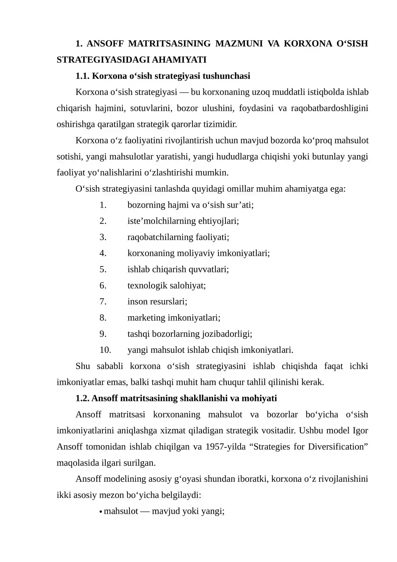 TANLANGAN KORXONANING O‘SISH STRATEGIYASINI ANSOFF MATRITSASI ASOSIDA ISHLAB CHIQISH 3